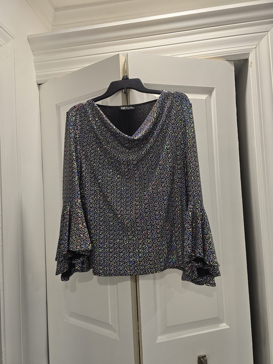 Prelude Tops - Holographic Black Cowl-Neck Bell-Sleeve Top